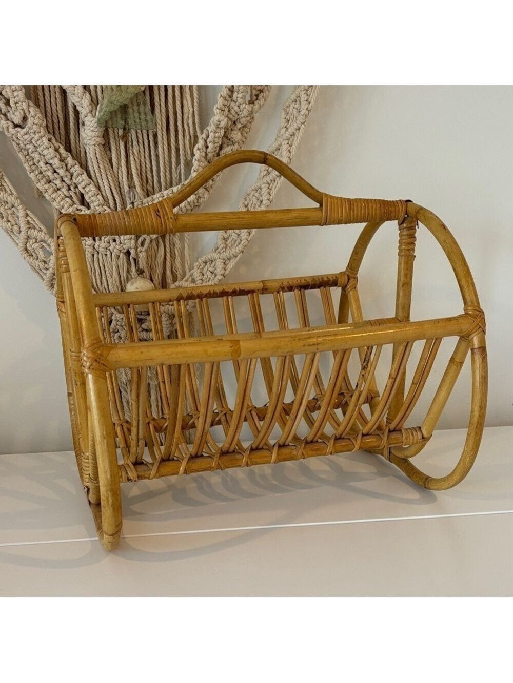 Vintage BOHO bamboo rattan bentwood magazine rack MCM wicker record album holder